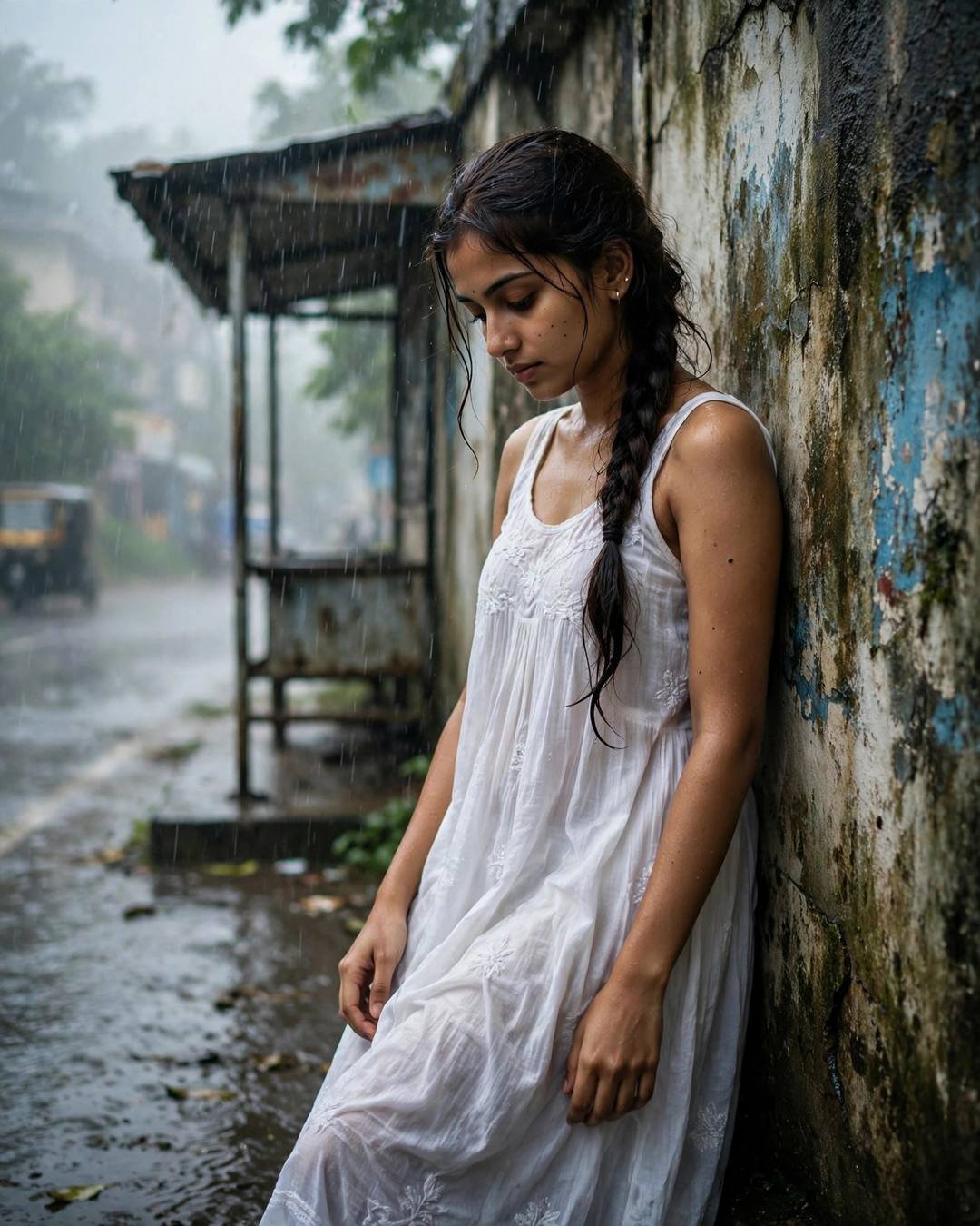 A young Indian woman in a white summer dress leans against a weathered wall at a bus stop in heavy monsoon rain, head bowed, long braid over her shoulder.