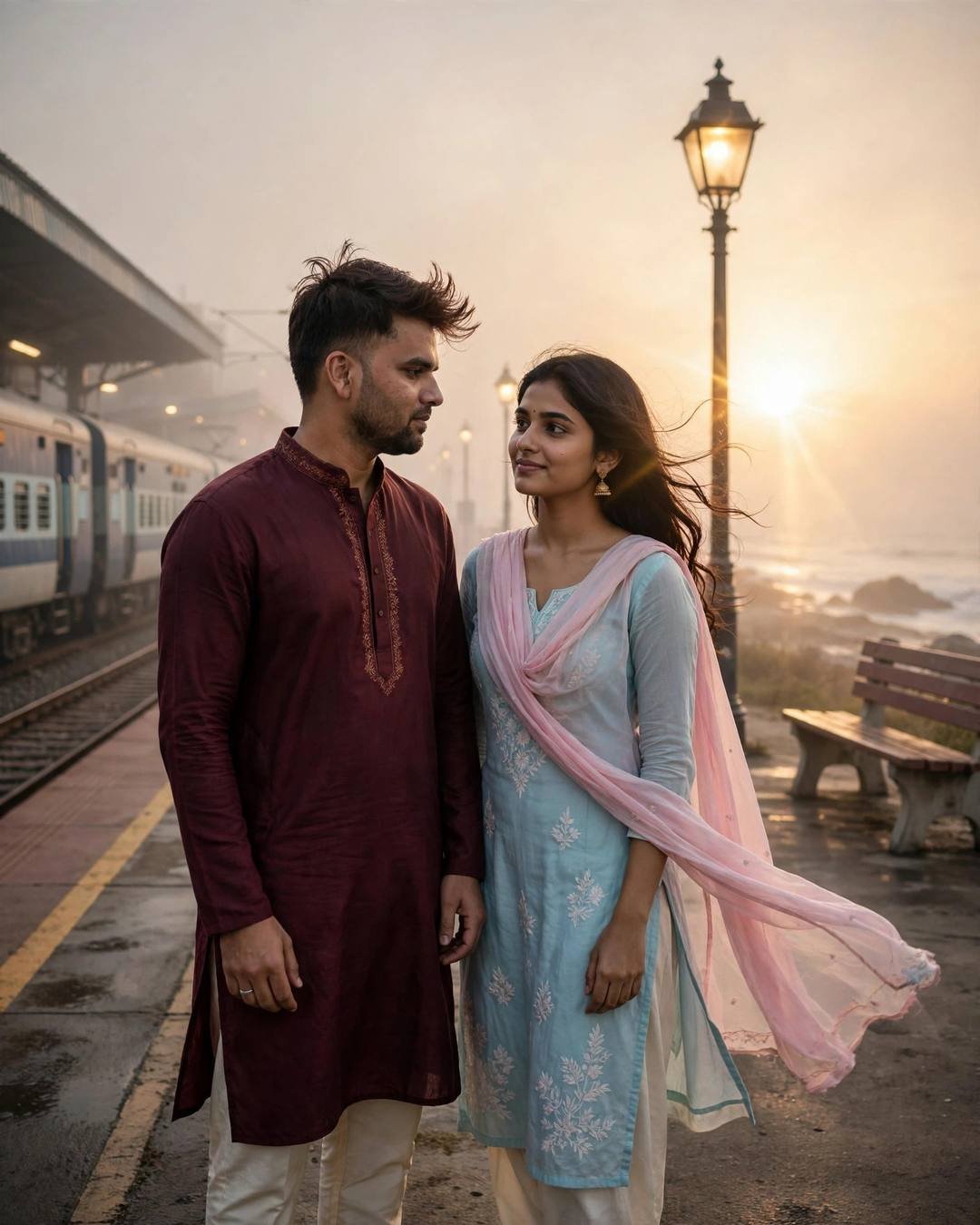 Her leaning softly on his shoulder, both — cinematic AI portrait