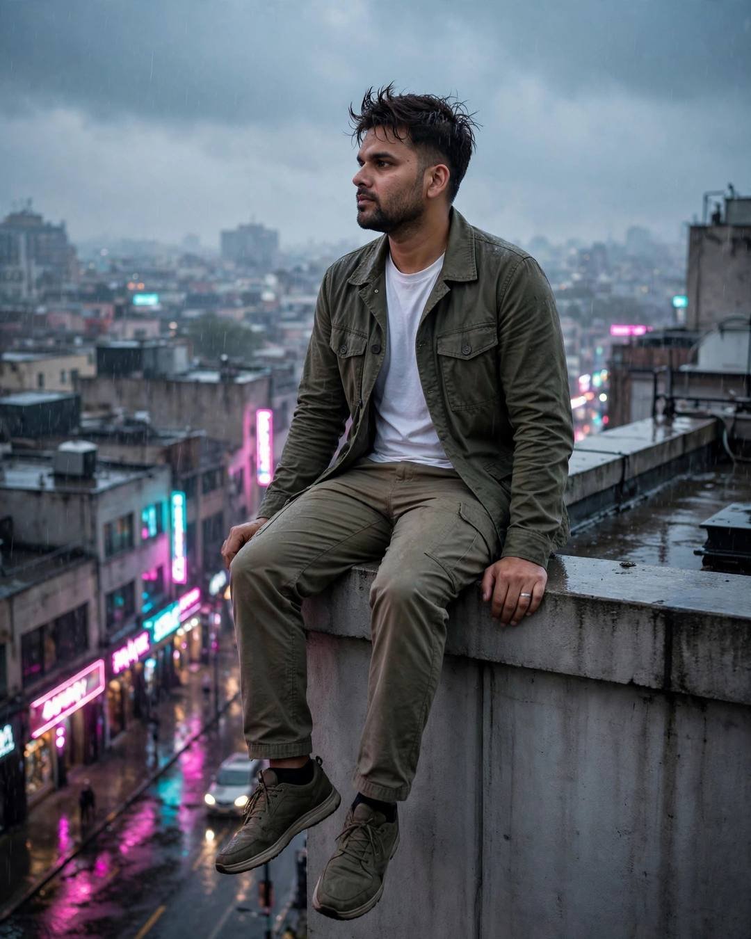 Black dhoti-kurta standing barefoot on the wet — cinematic AI portrait