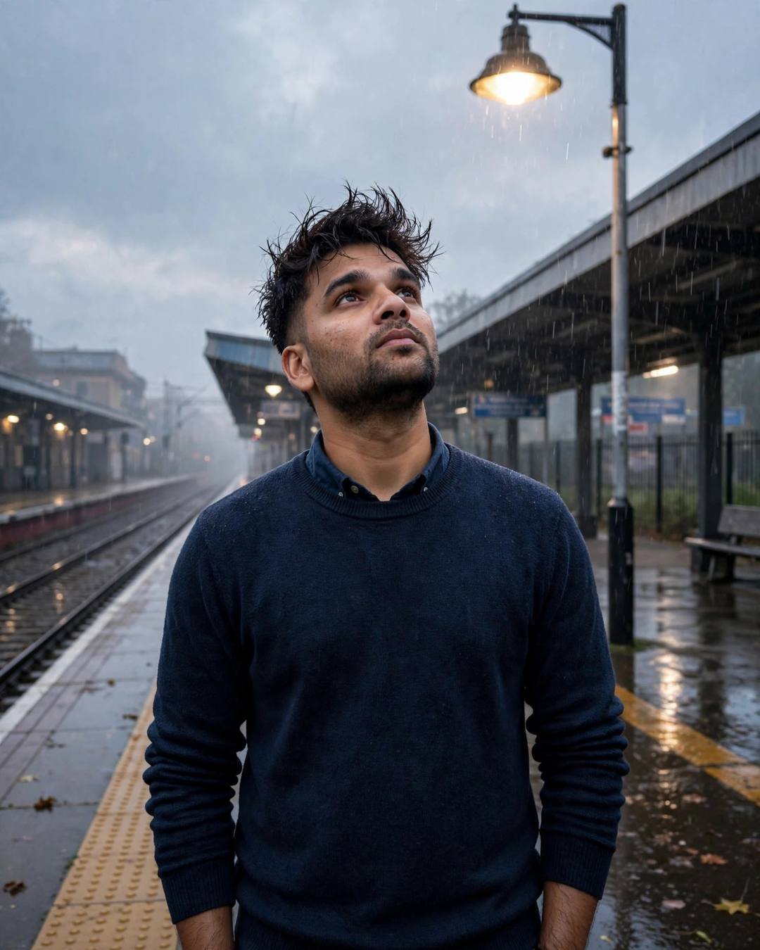 Black turtleneck beneath a lonely streetlamp on — cinematic AI portrait