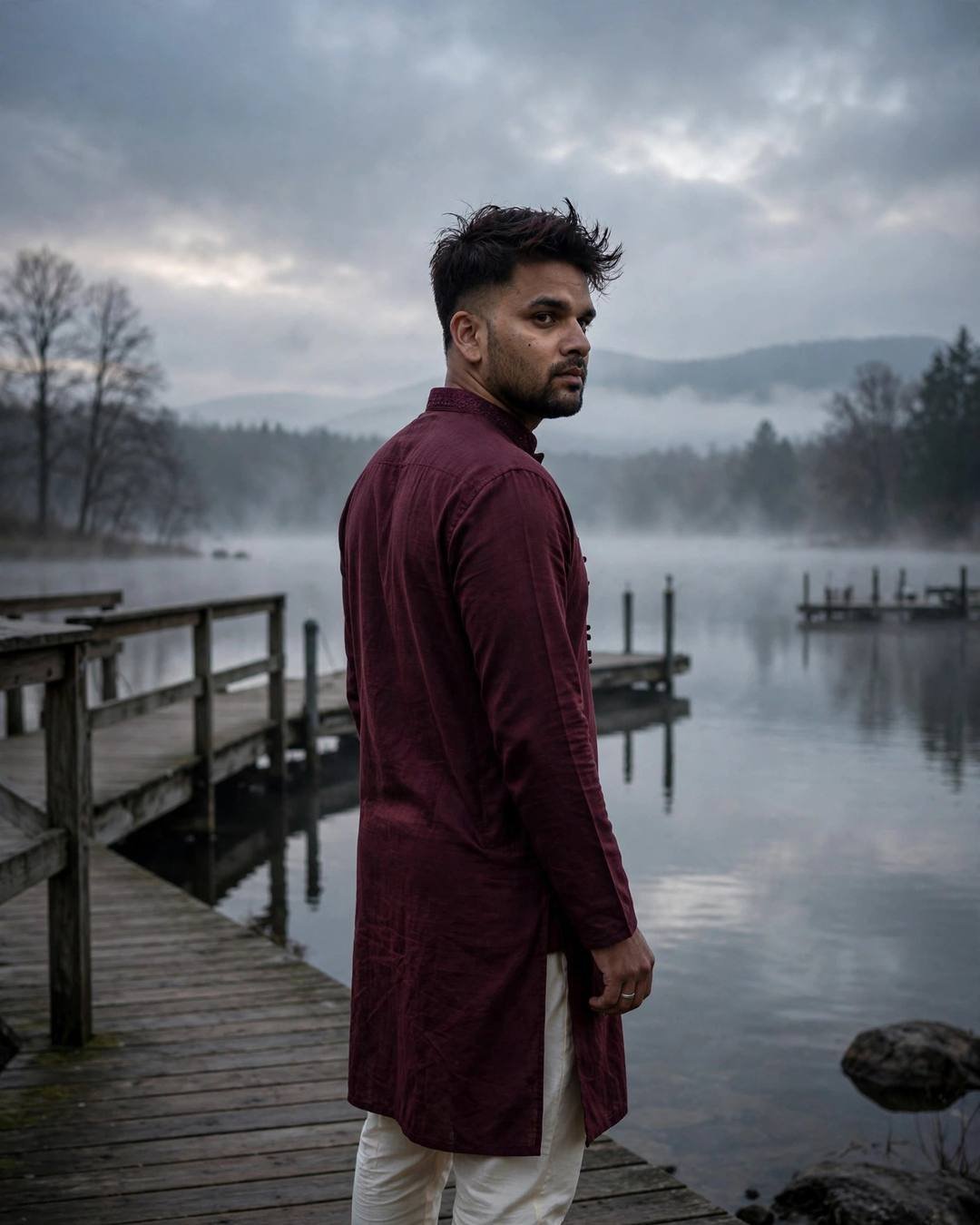 Matte black sherwani with pearl buttons gleaming — cinematic AI portrait