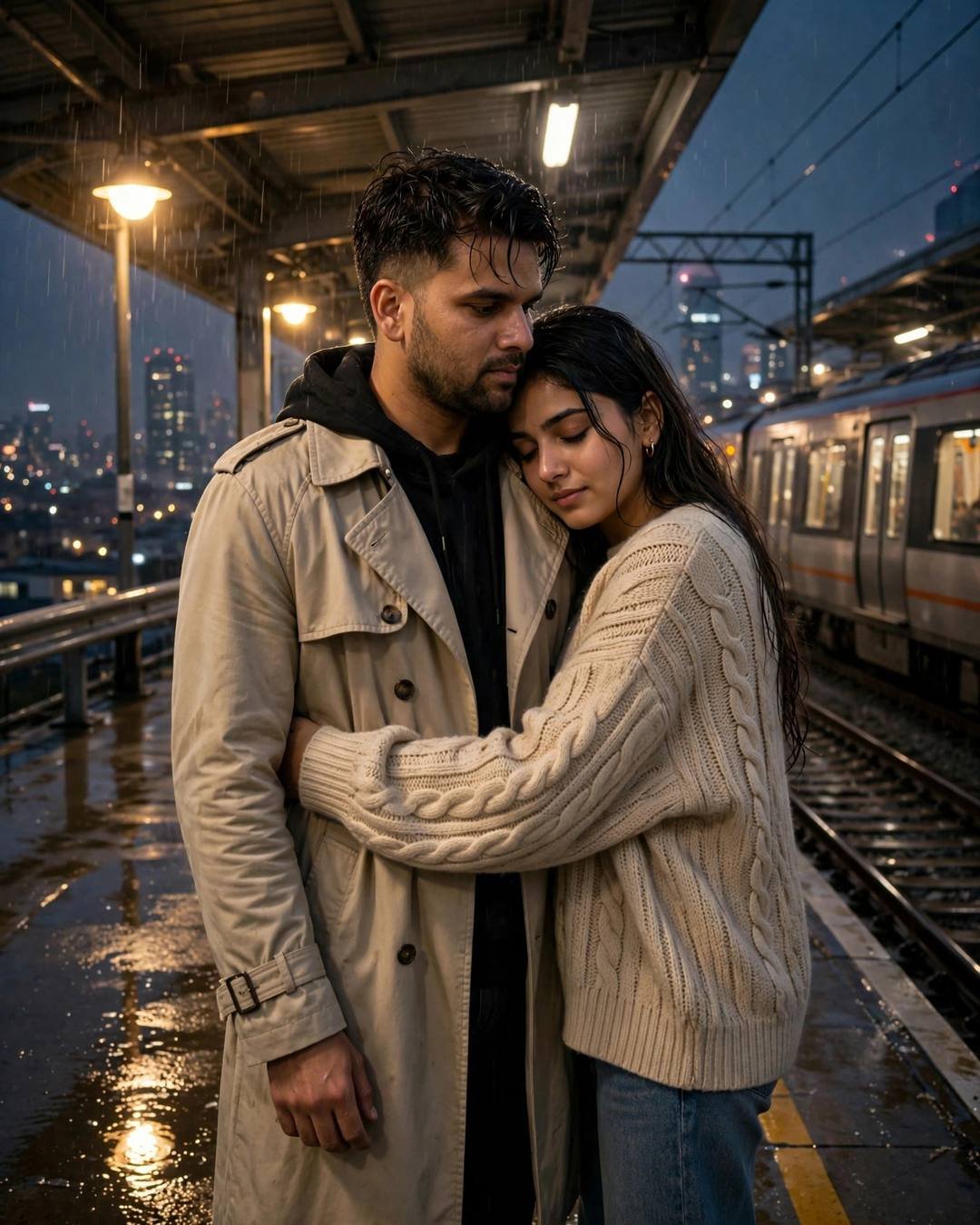 Untangling the shared earphones in silence, neither — cinematic AI portrait, breakup mood