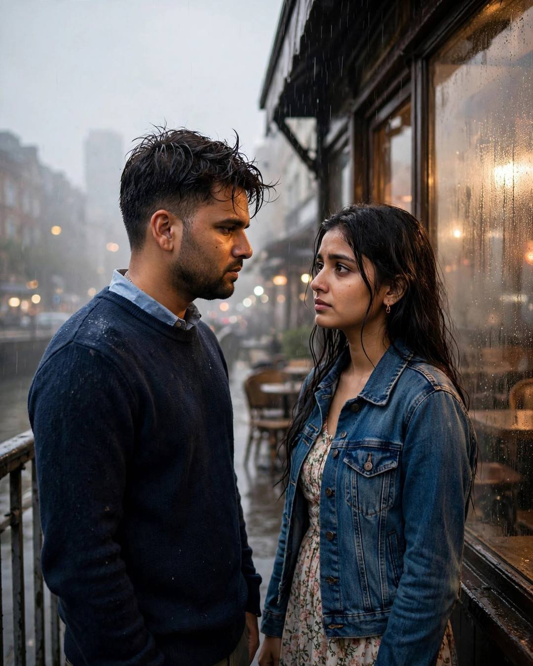 Walking away down separate lanes of the — cinematic AI portrait, breakup mood