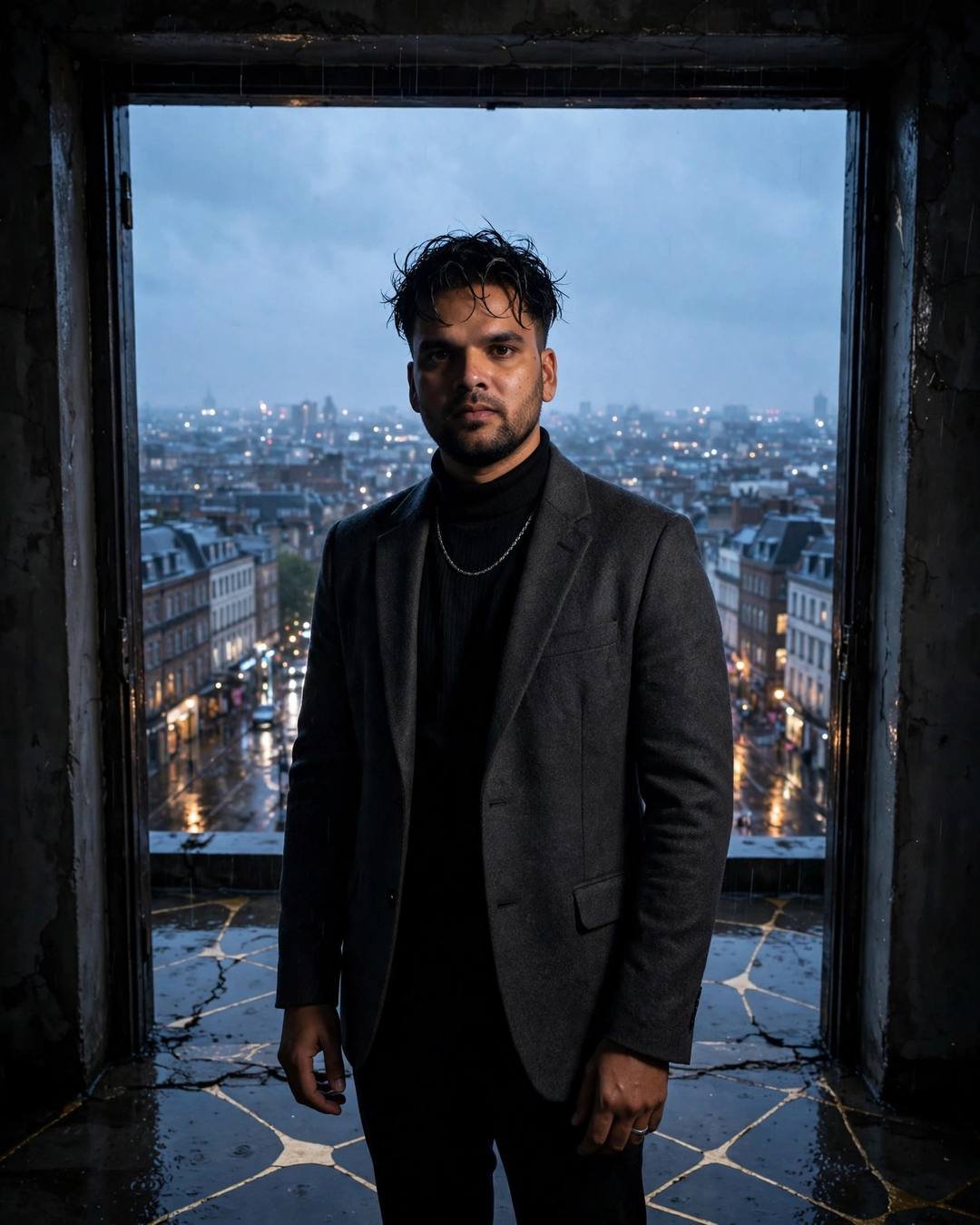 Young man in charcoal blazer and black turtleneck standing in a doorway on a rooftop overlooking sleeping city lights at blue hour
