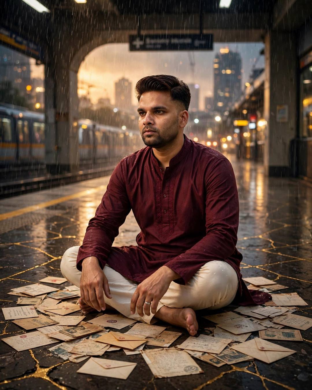 Young man in maroon kurta with cream churidar sitting cross-legged on a wet midnight metro station floor surrounded by old letters