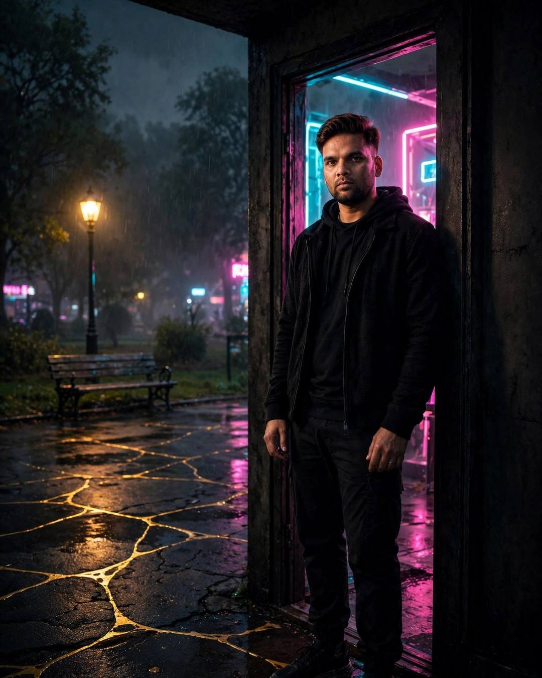 Young man in all-black streetwear standing in a dark doorway with neon pink and cyan light, rain-wet park with bench behind