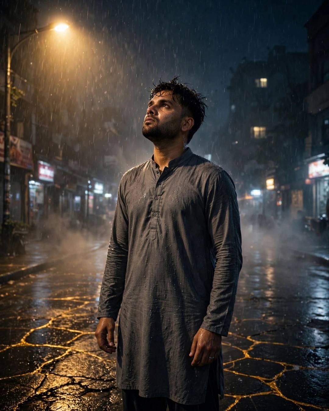 Young man in grey kurta standing under a streetlamp in heavy midnight rain, face lifted to the sky, gold seams in wet street
