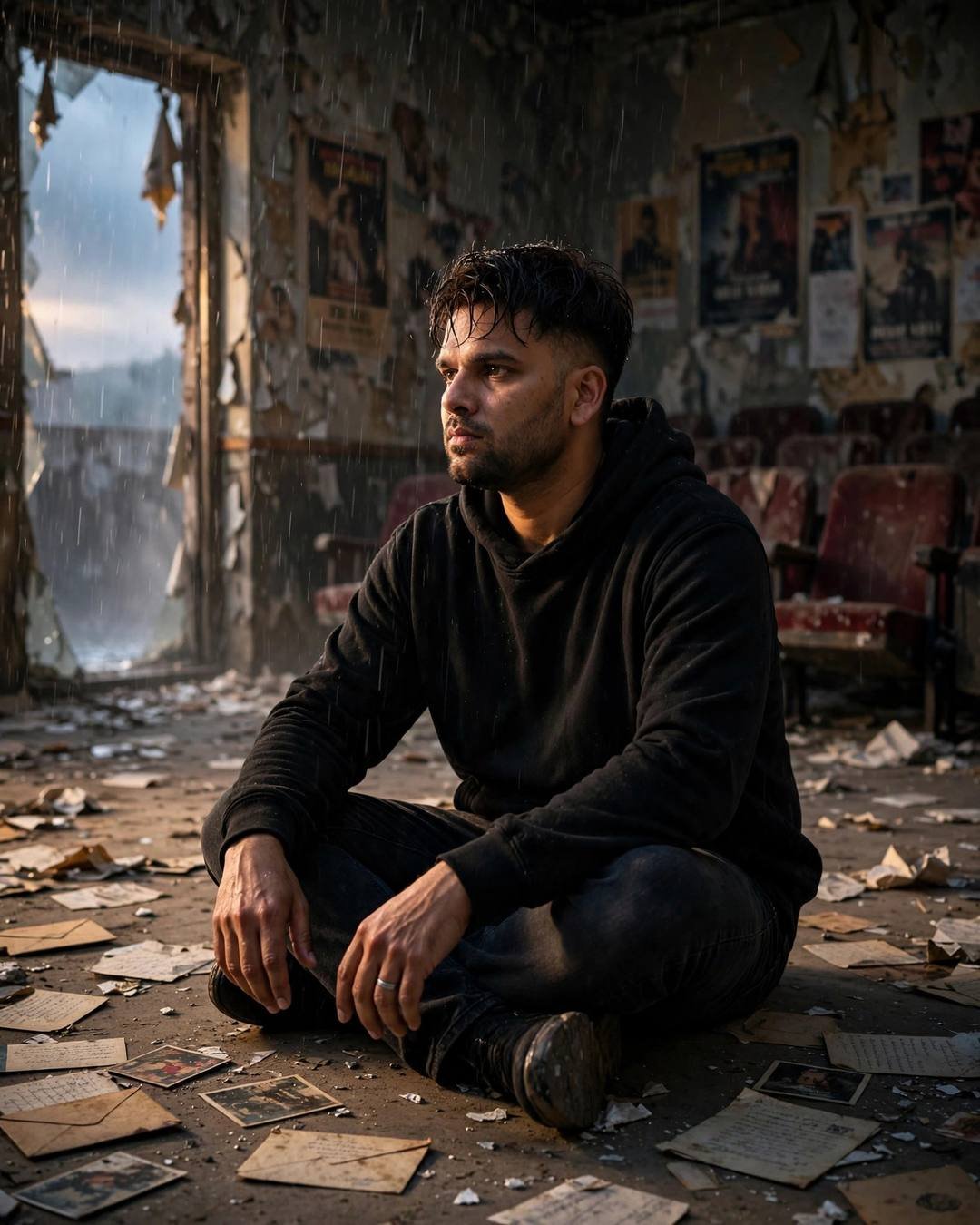 Young Indian man in black hoodie sitting among old letters in an abandoned cinema hall with rain