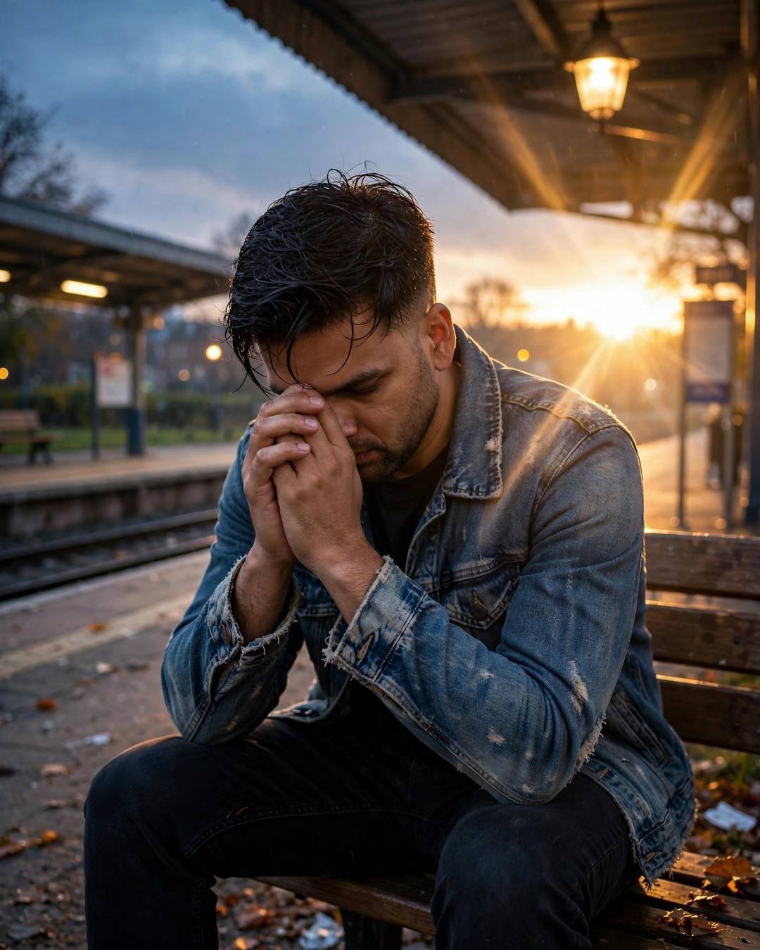 Young Indian man in denim jacket with head in hands on a station bench at golden hour