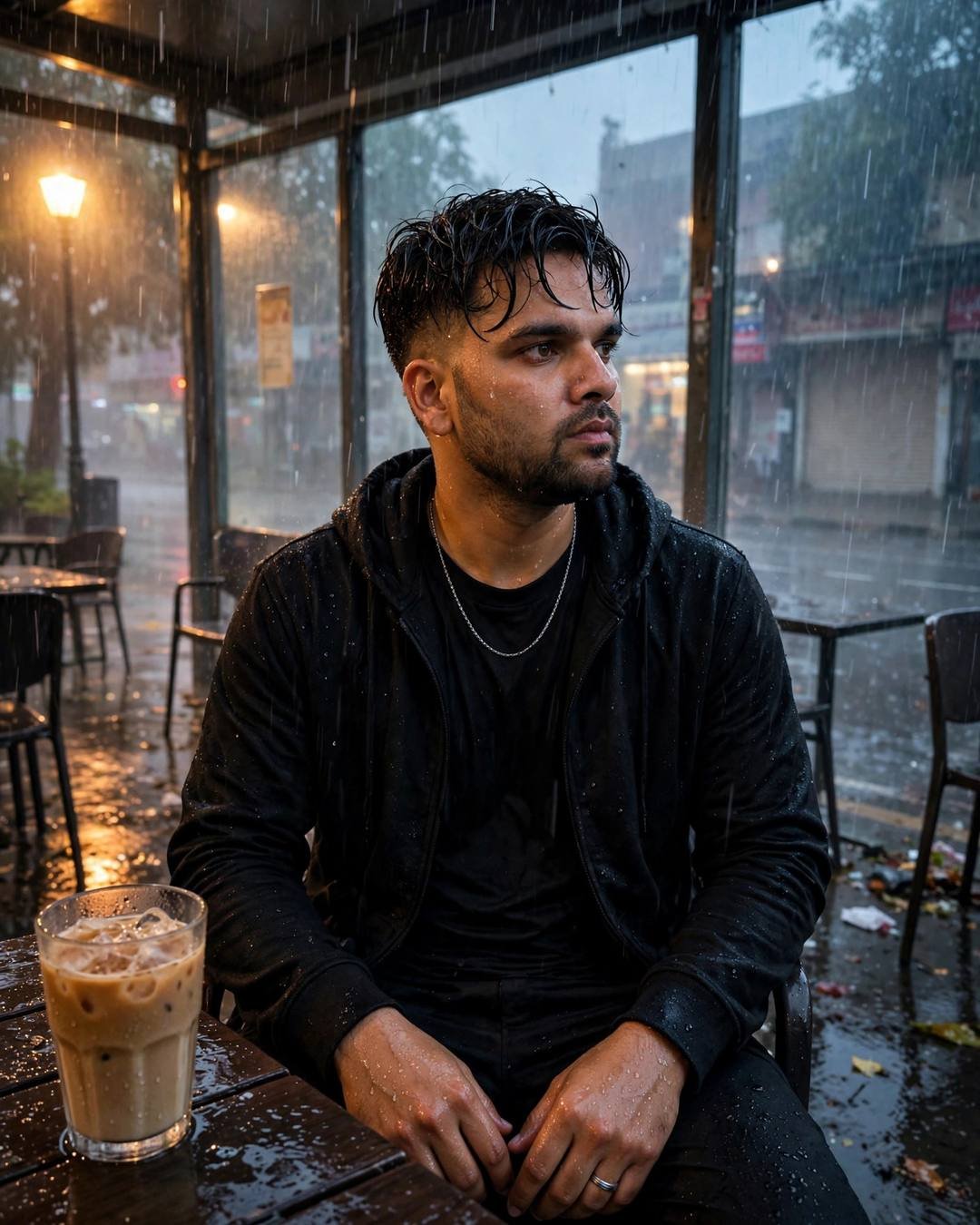 Young Indian man in black streetwear with a cold coffee at a rain-sheltered table at dawn