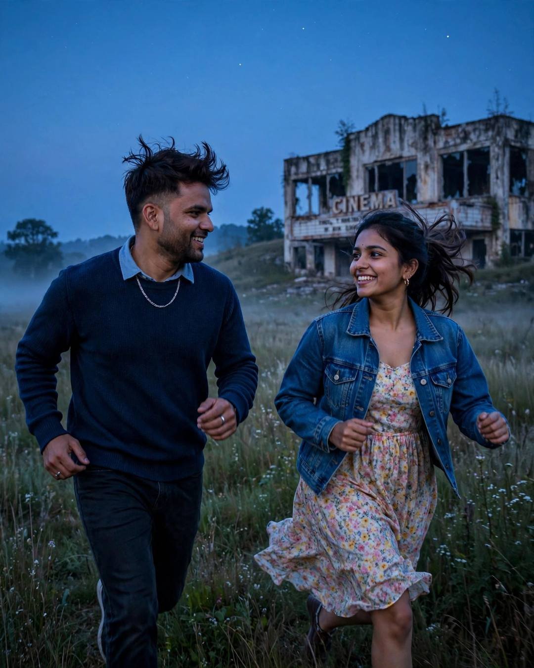 Vintage car, desert highway, endless sky — AI-generated Cinematic Couple portrait