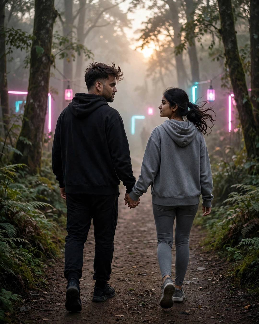 A windswept cliff edge where her hair — AI-generated Cinematic Couple portrait