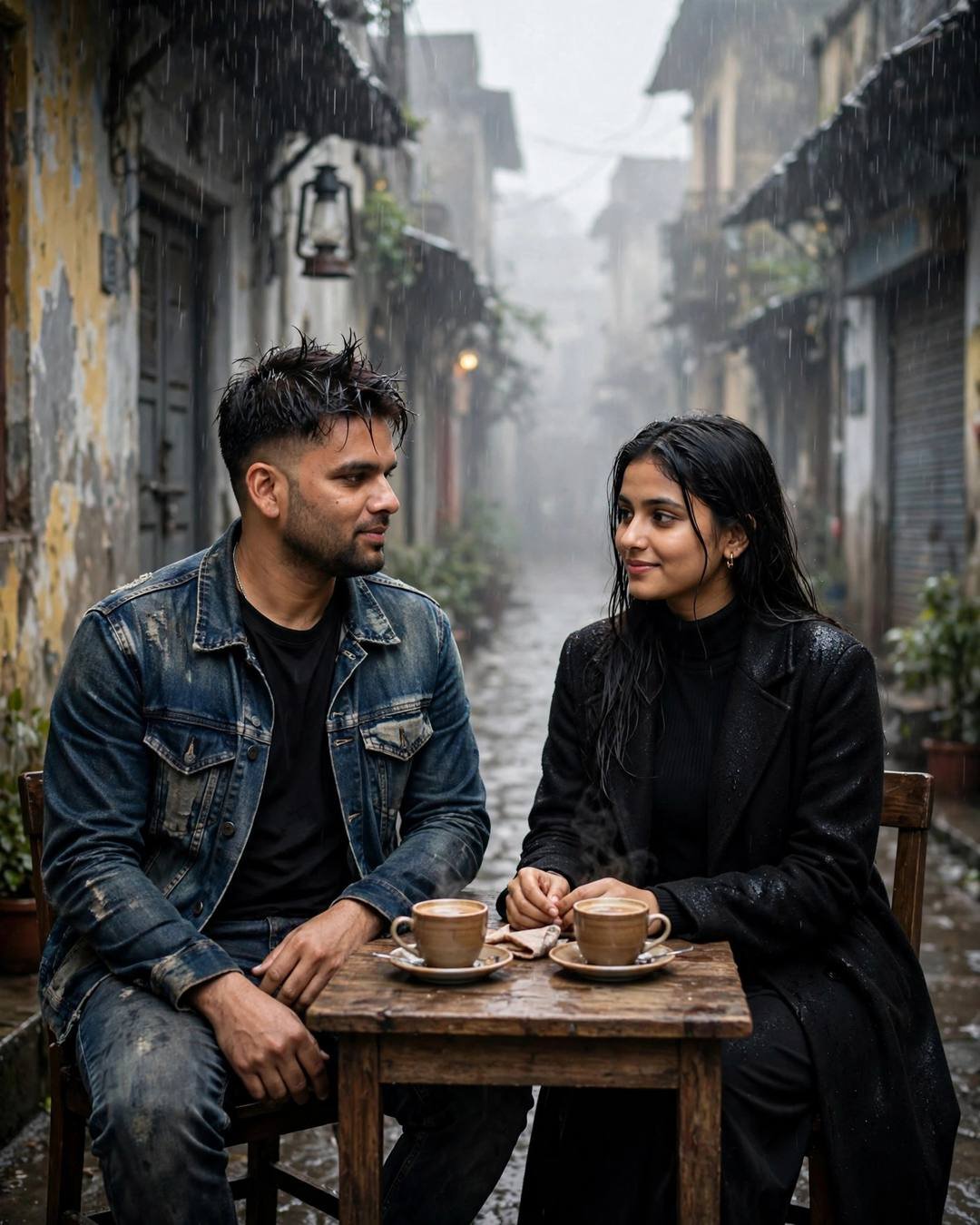 Leaning on a vintage scooter while dust — AI-generated Cinematic Couple portrait