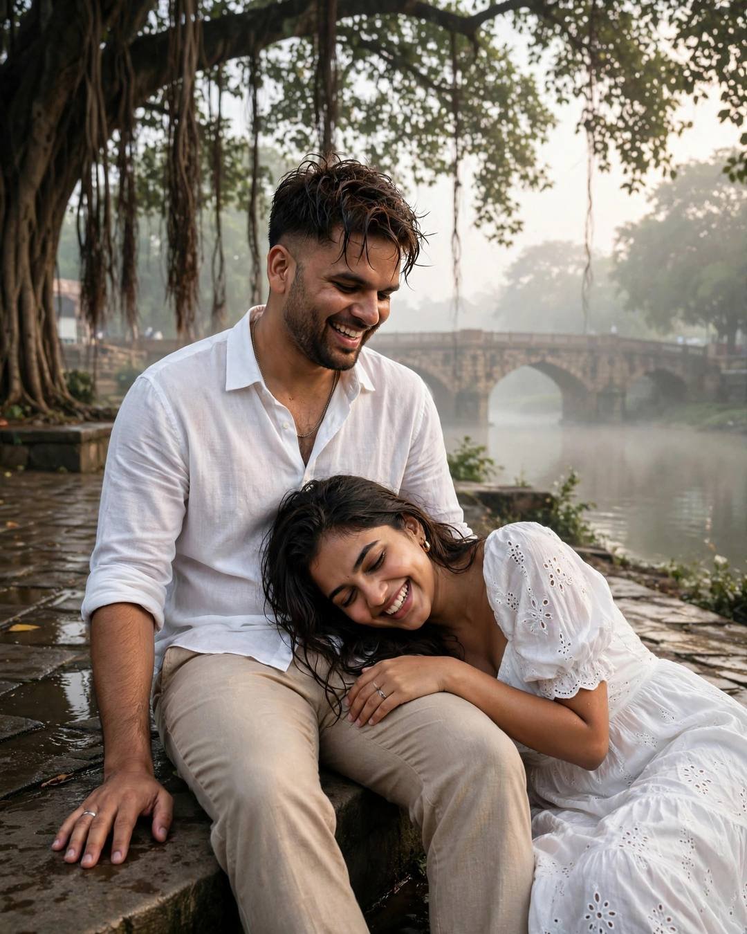 A slow-motion sprint through monsoon mist across — AI-generated Cinematic Couple portrait