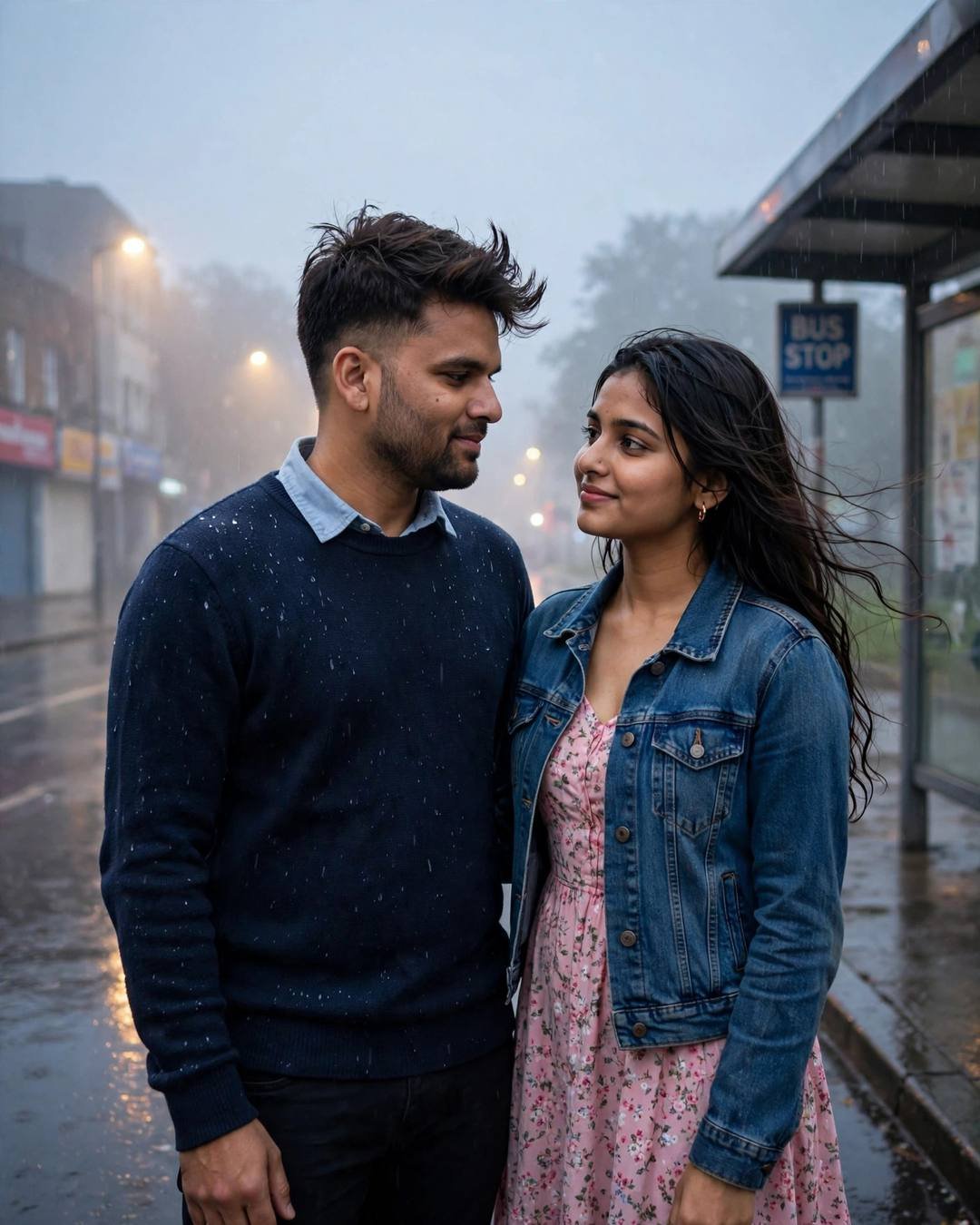 Over a shared map spread on warm — AI-generated Couple Looking at Each Other portrait