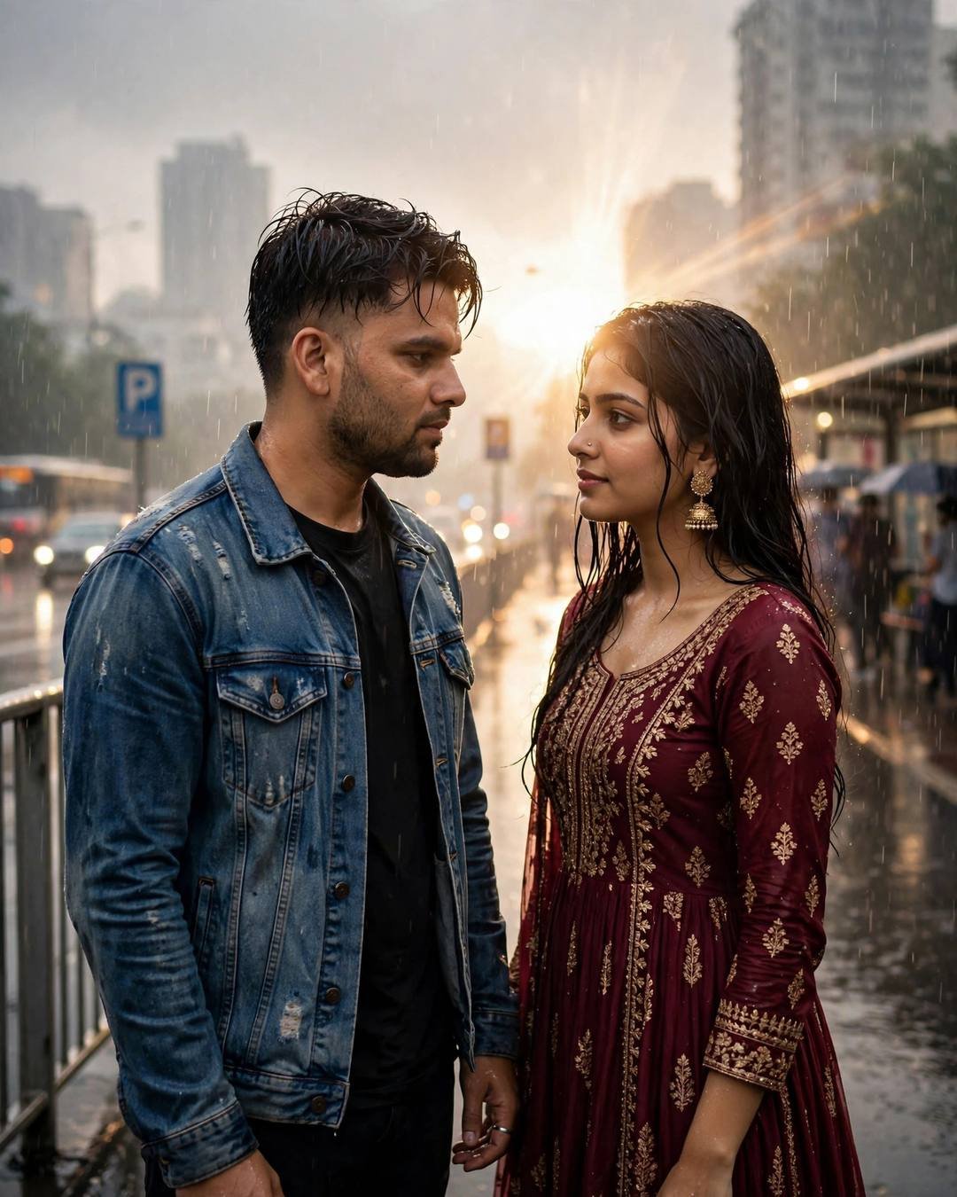 Across a crackling bonfire's flames, bright sparks — AI-generated Couple Looking at Each Other portrait