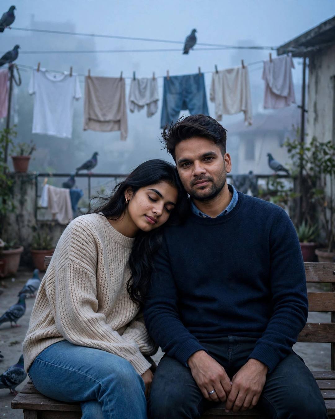 A campfire circle where she leans back — AI-generated Couple Sitting Together portrait