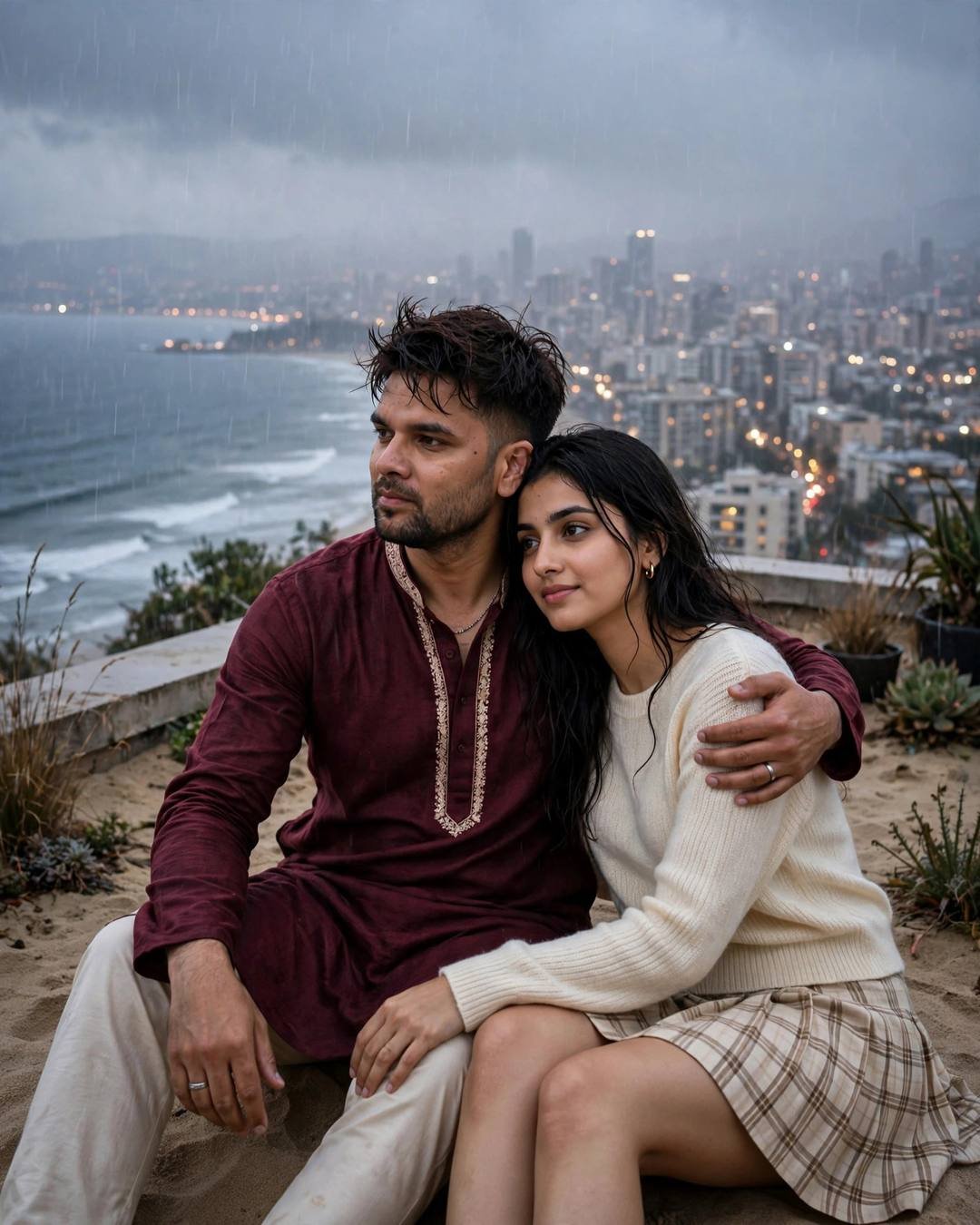 A rooftop swing at dusk, both swaying — AI-generated Couple Sitting Together portrait