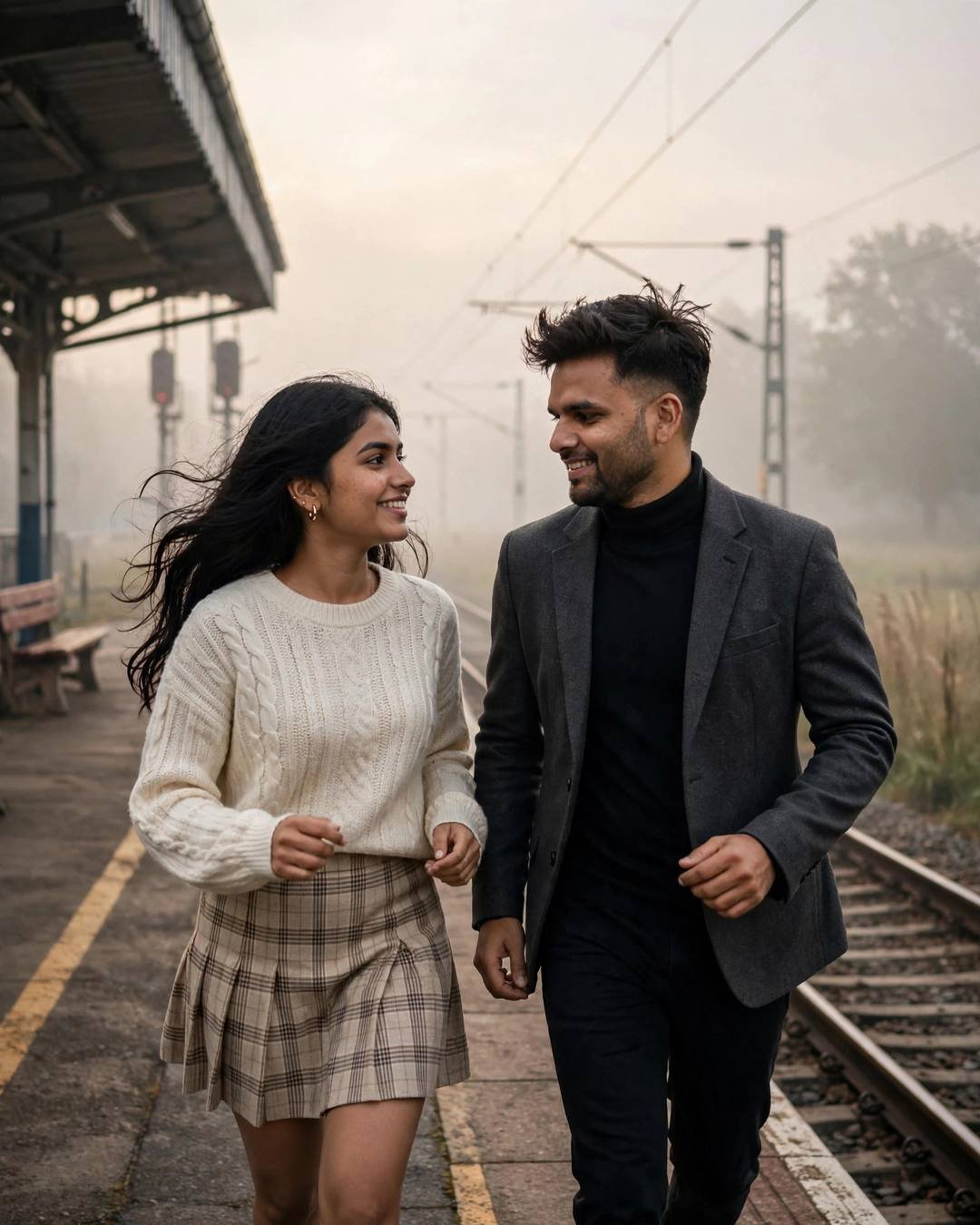 Through a sunflower field at noon — AI-generated Couple Walking portrait