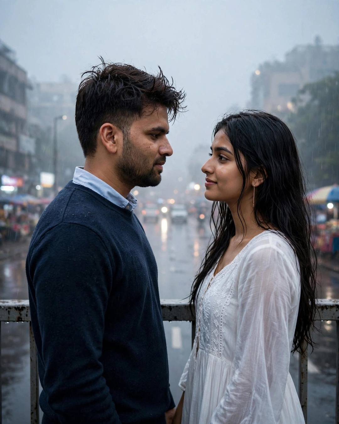 Couple facing each other on a bridge over a rain-soaked city street, man in navy sweater, woman in white embroidered dress, foggy dawn light