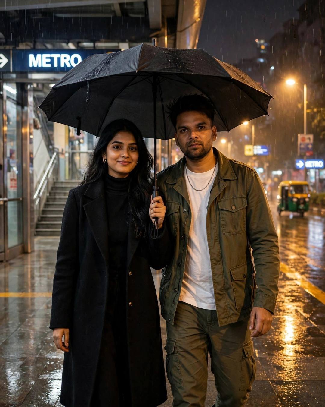 Young couple sharing one black umbrella at a metro station at midnight in rain, man in olive jacket, woman in black coat, blue metro sign glowing