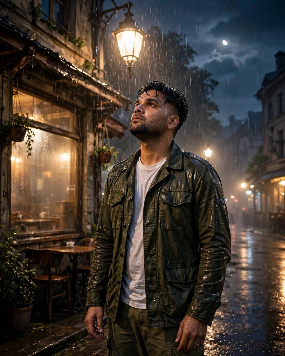 Young Indian man in an olive field jacket standing under a streetlamp with his face lifted to the rain beside an old cafe