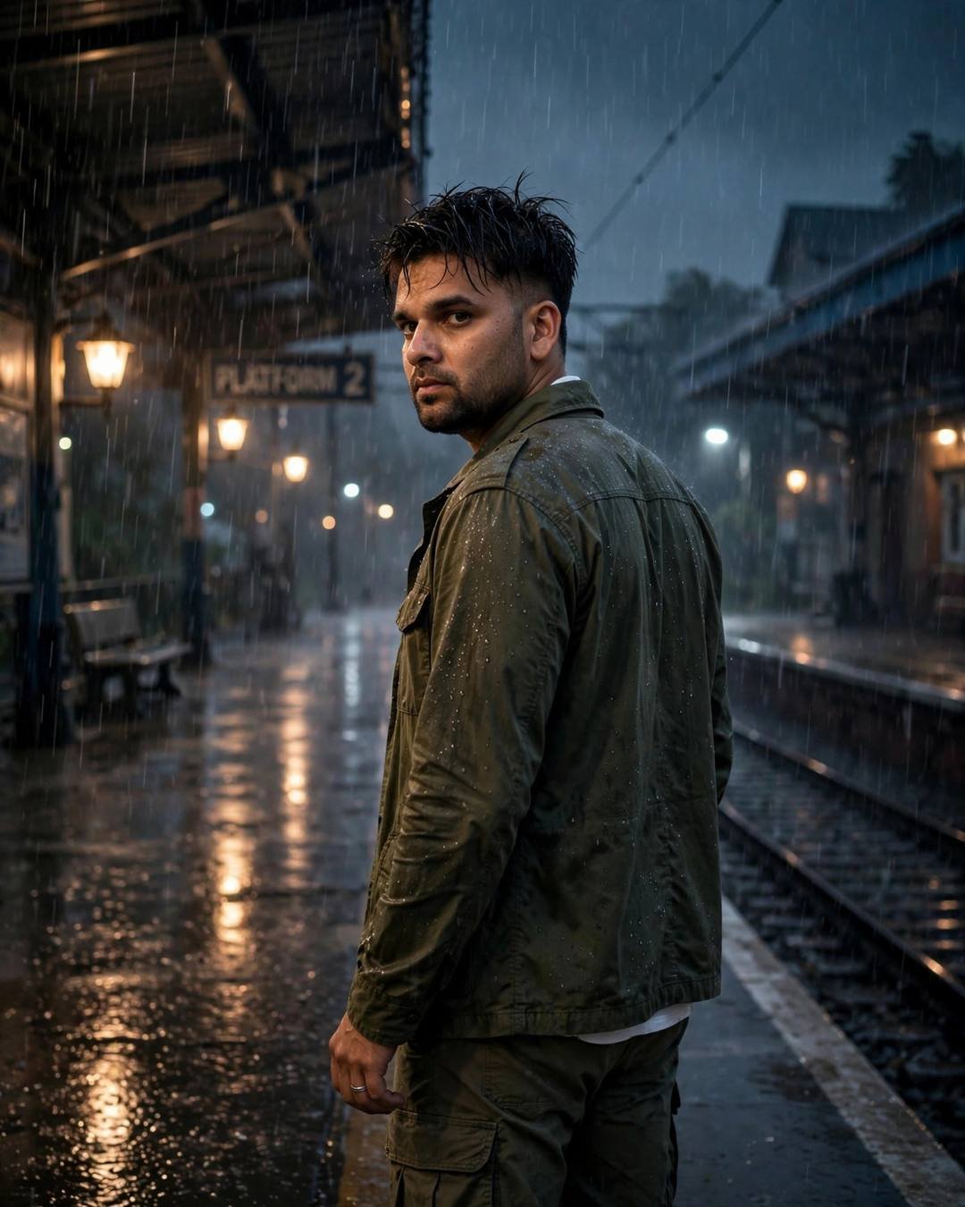 Young Indian man in an olive field jacket glancing back while walking down a rain-soaked railway platform at night
