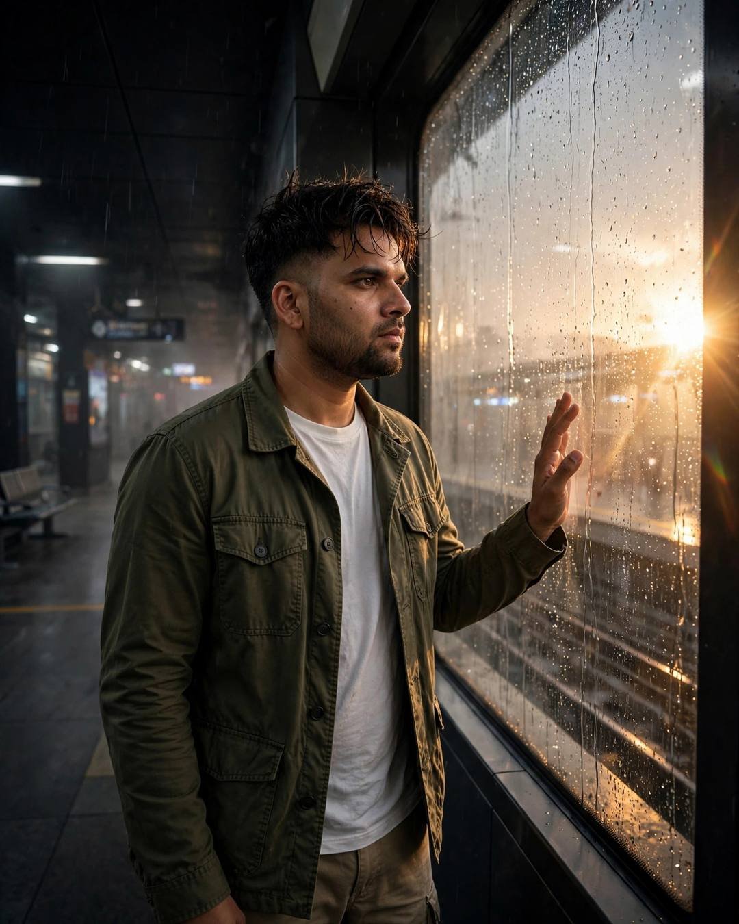 Young Indian man in an olive field jacket with one hand on a rain-streaked metro station window in golden backlight