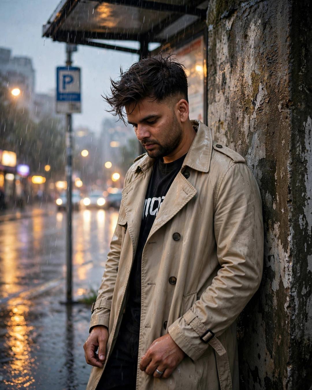 Young Indian man in a beige trench coat leaning against a weathered wall at a rain-soaked bus stop with city glow behind