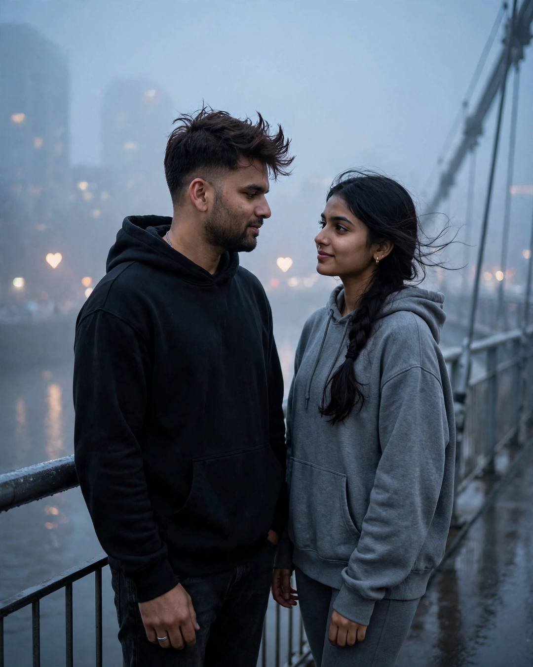 Holding hands tightly through rough turbulence on — cinematic AI portrait, Emotional Couple mood