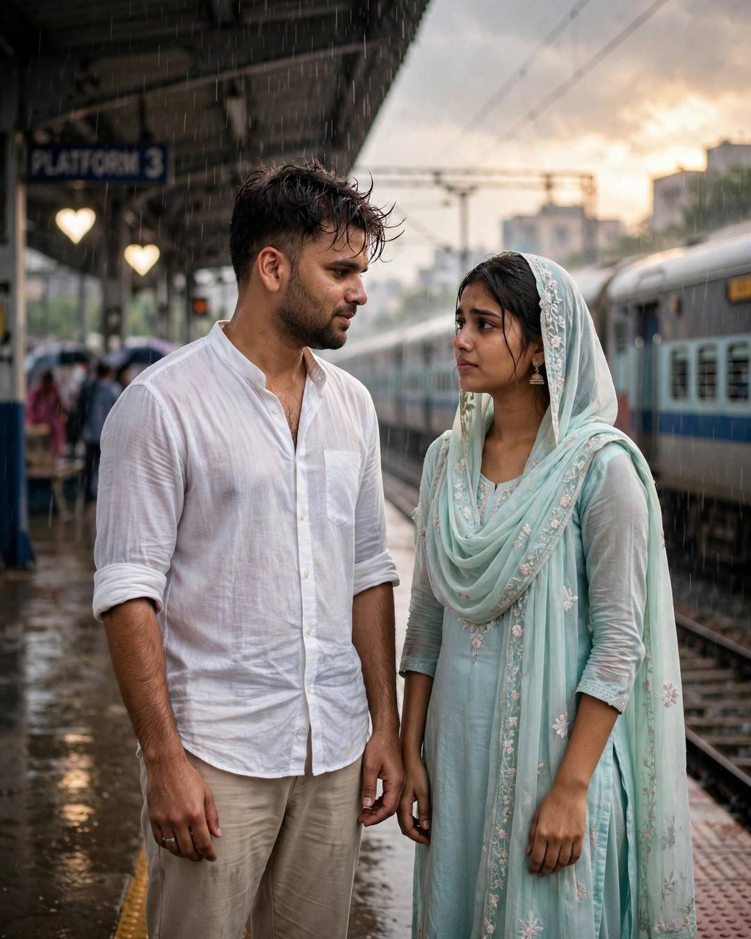 Standing in their first monsoon rain together, — cinematic AI portrait, Emotional Couple mood