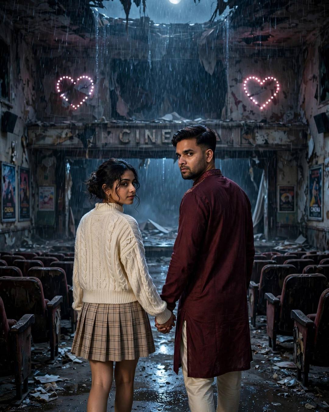 Reuniting at a crowded railway station after — cinematic AI portrait, Emotional Couple mood