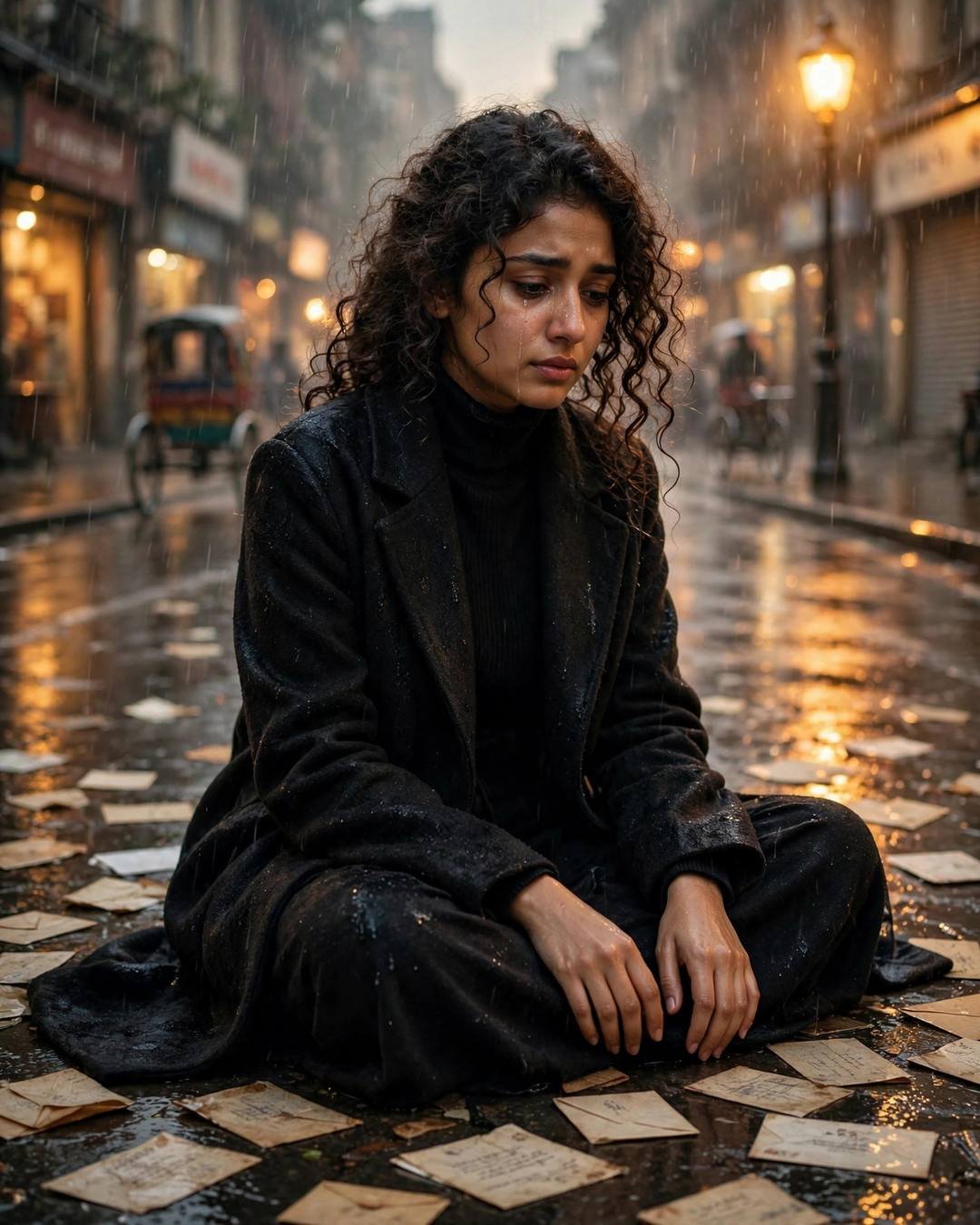 Feeding street dogs in the monsoon rain, — cinematic AI portrait, Emotional Girl mood