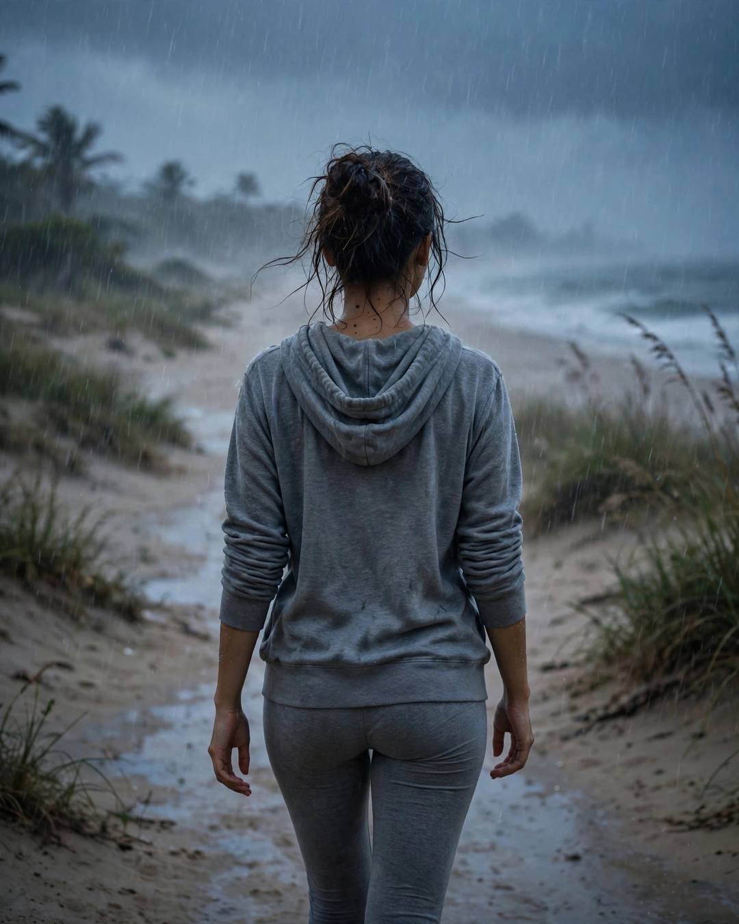 Young Indian woman in a grey hoodie walking away down a rainy path toward a deserted beach at dusk