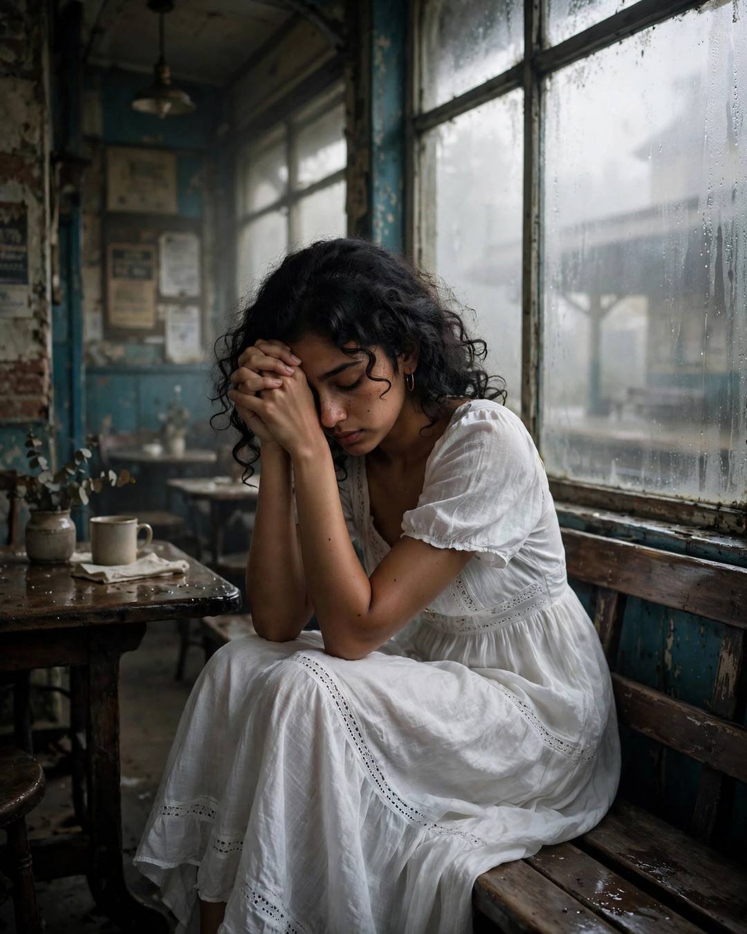 Young Indian woman in a white summer dress sitting with head in her hands on a bench beside an old cafe with a fogged window