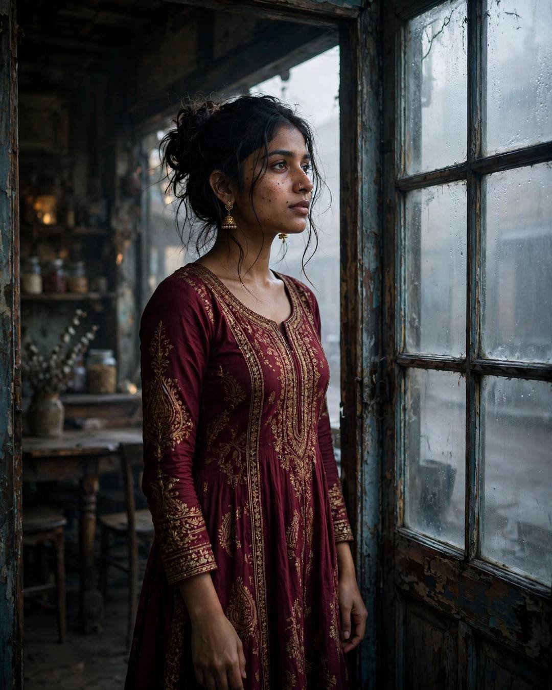 Young Indian woman in a maroon anarkali with jhumkas standing half in shadow in a doorway with a fogged window