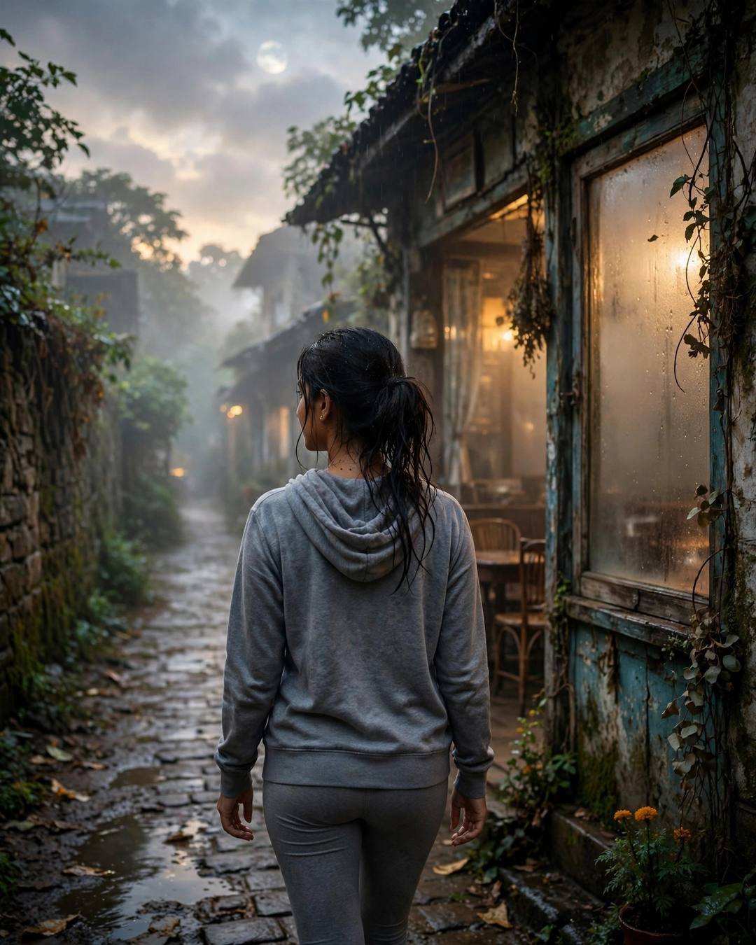Young Indian woman in a grey hoodie walking away down a rainy lane beside an old cafe with a fogged window at dusk