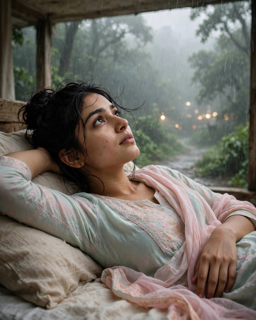 Young Indian woman in a pastel salwar-kameez lying on a bed with one arm behind her head, rain on the window, misty forest beyond
