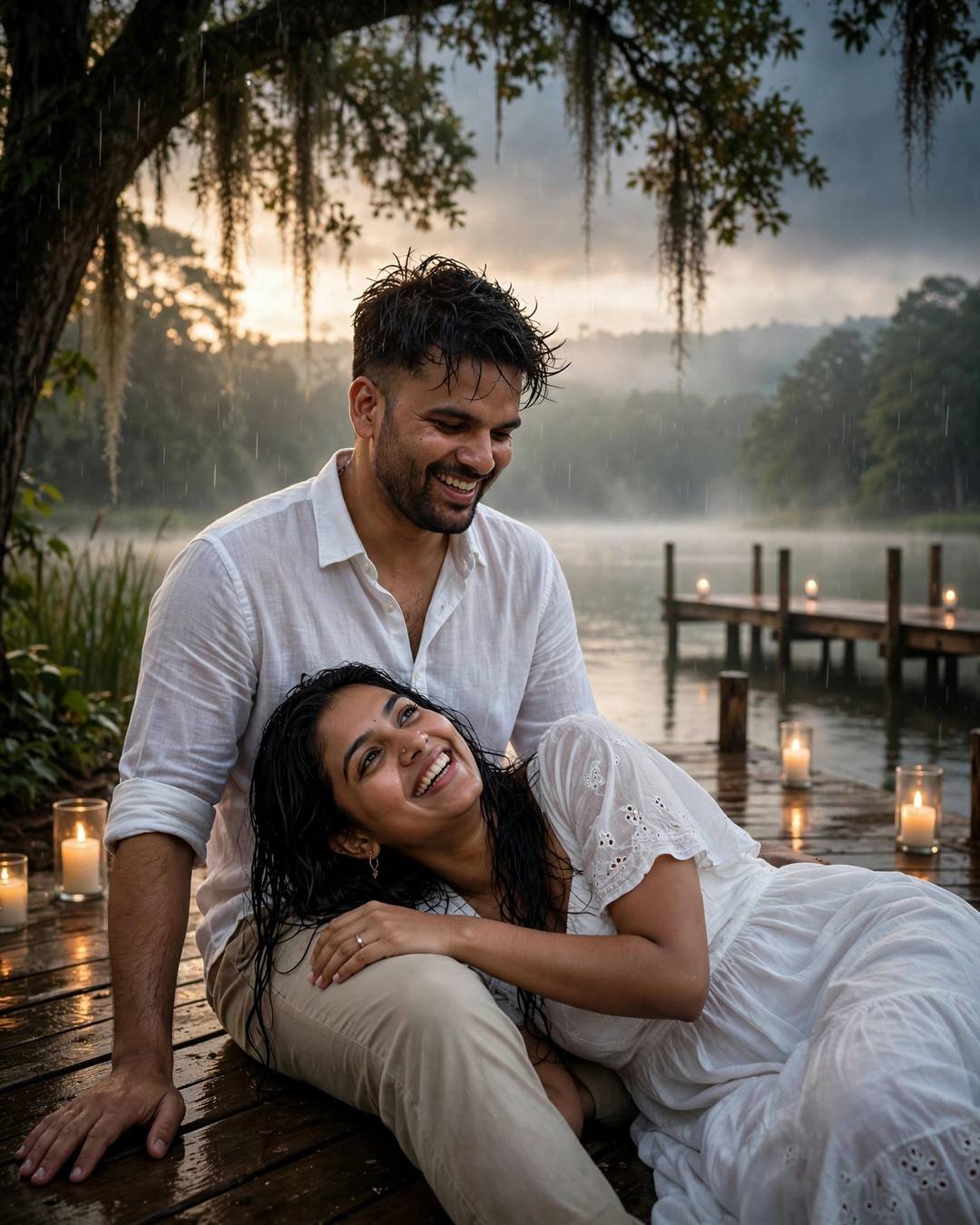 Laughing couple under a tree at a misty lake pier at dawn, her head in his lap, candles glowing nearby