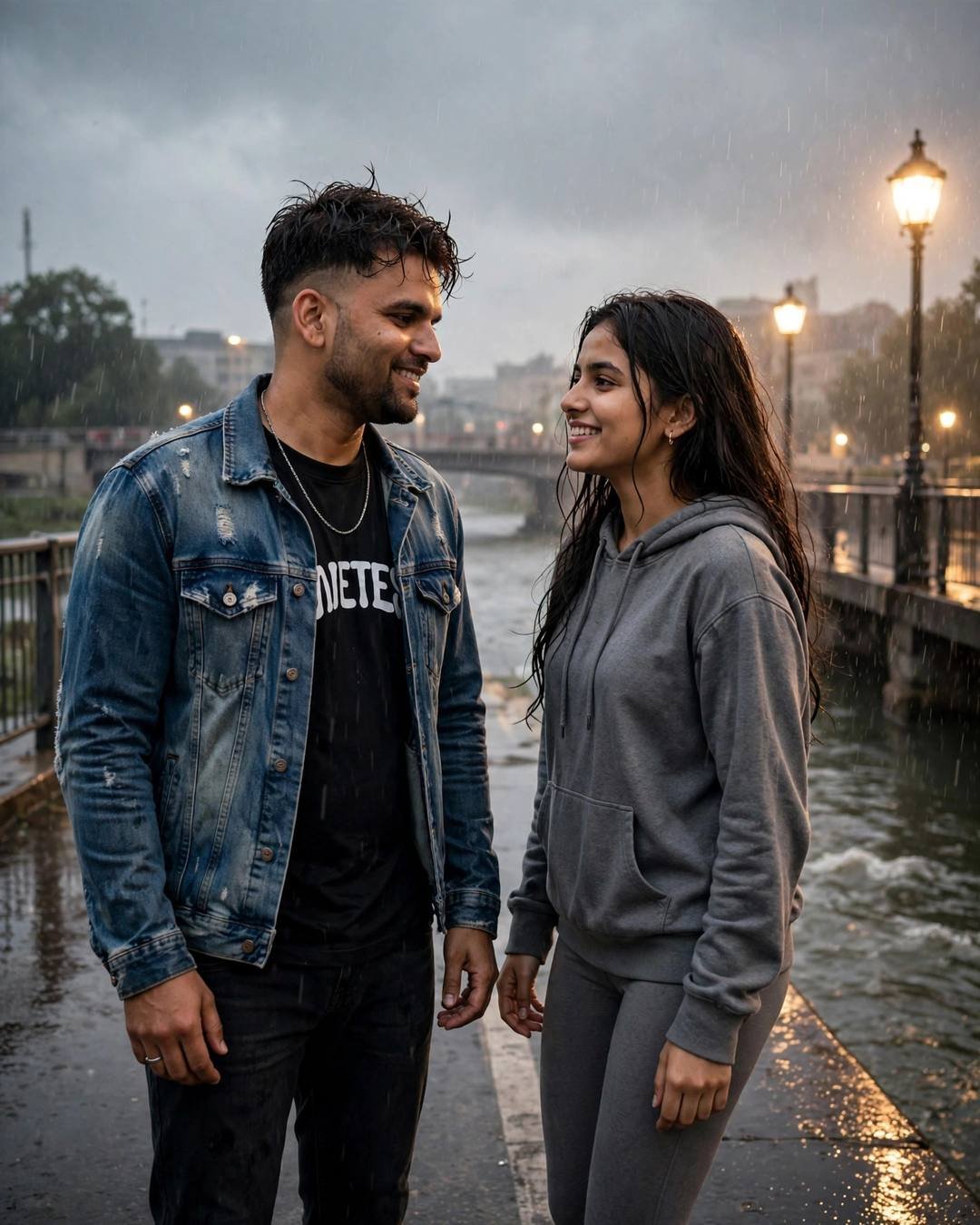 Young couple in denim jacket and grey hoodie walking a rain-slick riverside street at dusk under glowing lamps