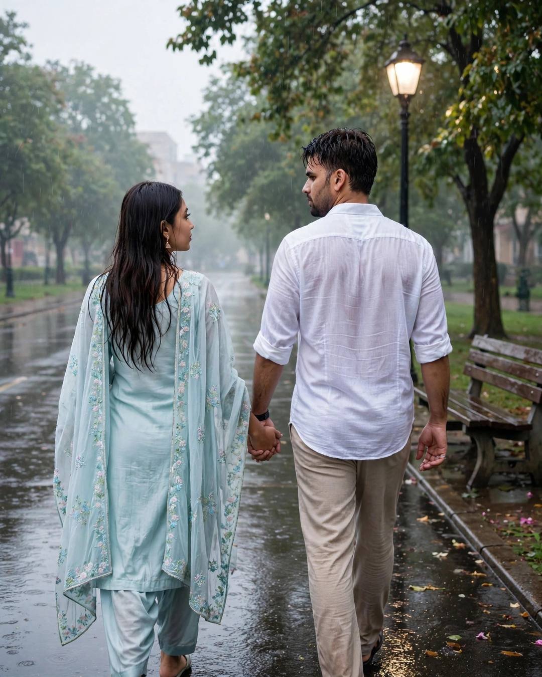 Couple walking hand in hand away from camera on a wet park path at dawn, woman in pastel embroidered salwar