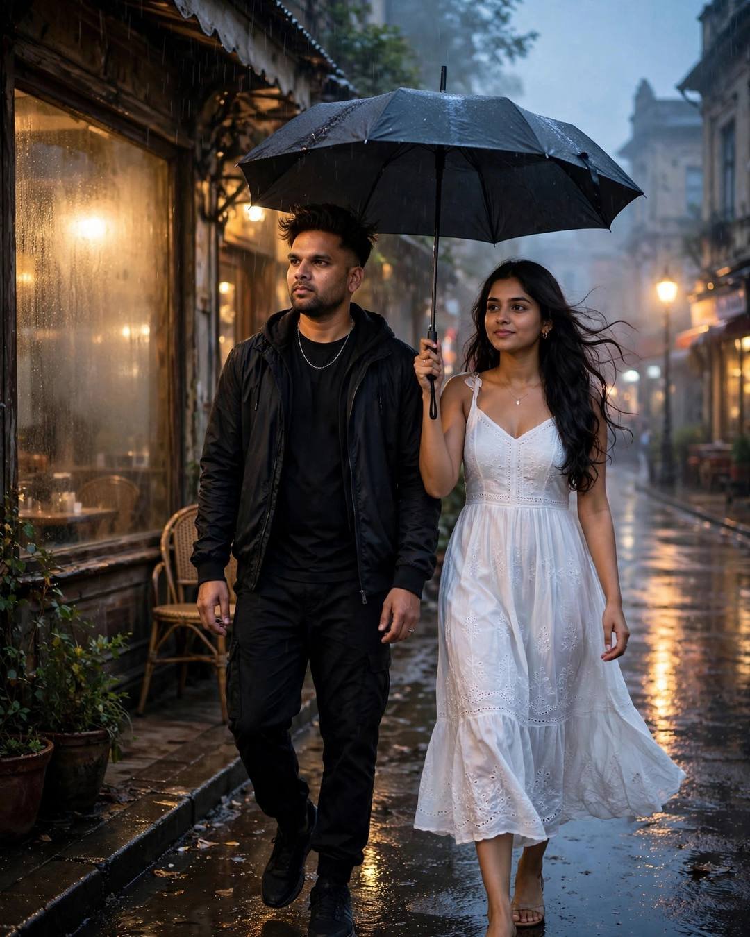 Couple under one umbrella on an old street at blue hour, him in black streetwear and her in a white dress