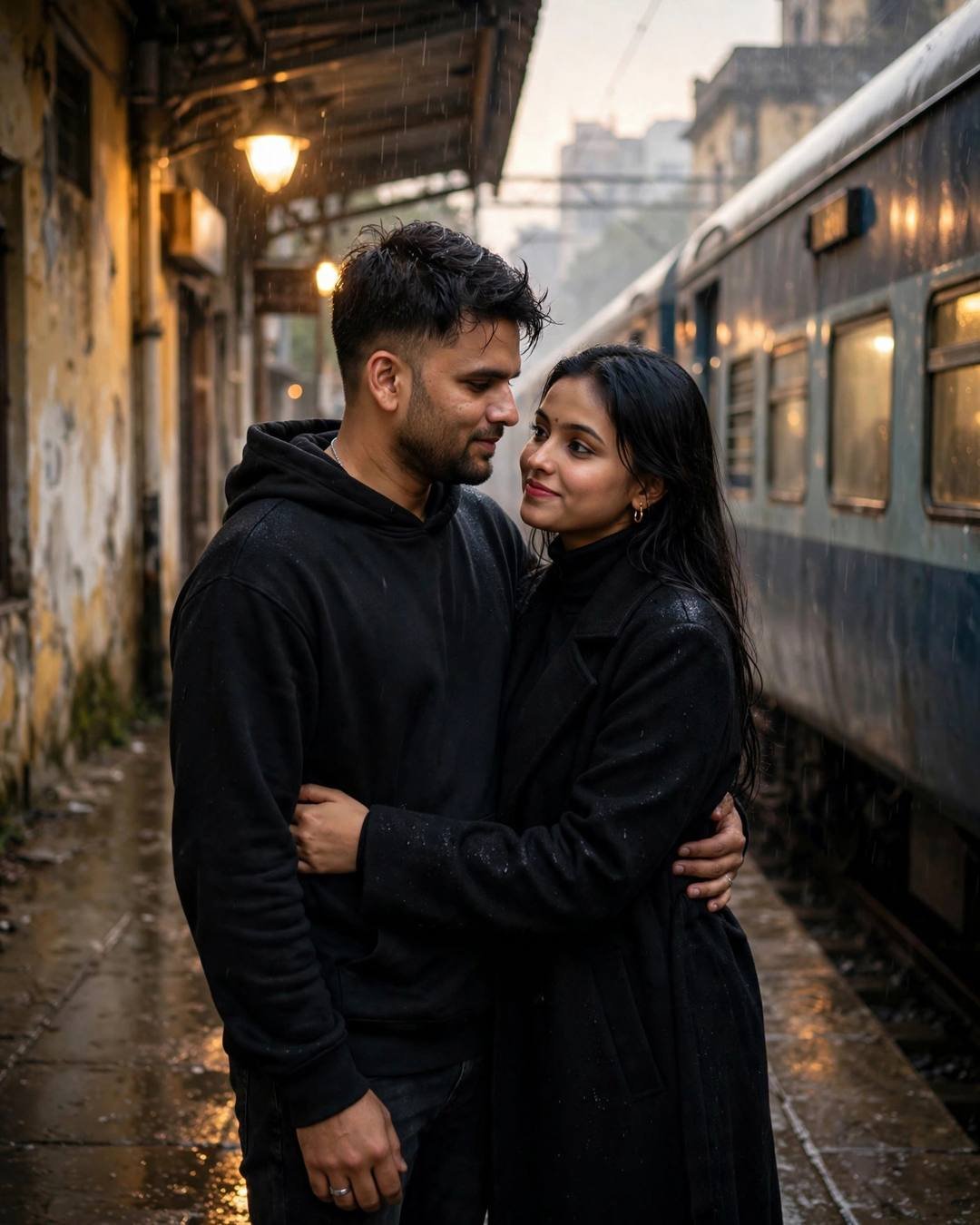 Couple embracing at a drizzle-washed railway platform beside a waiting train in golden-hour lamplight