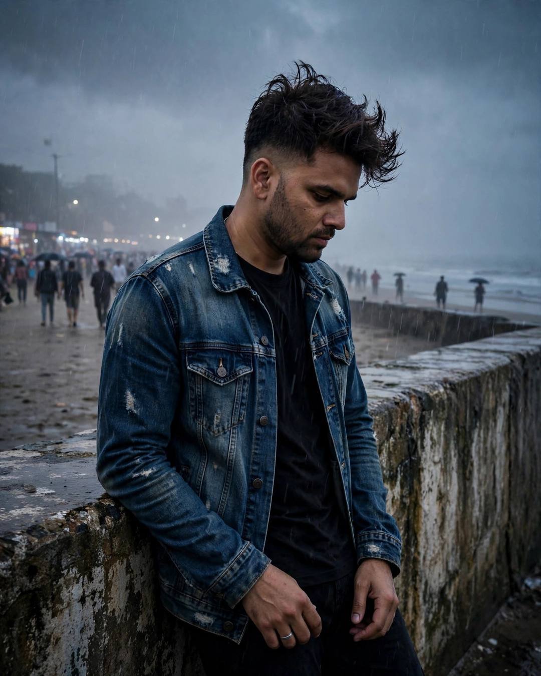 Sitting on the last bench of a — cinematic AI portrait, lonely boy mood