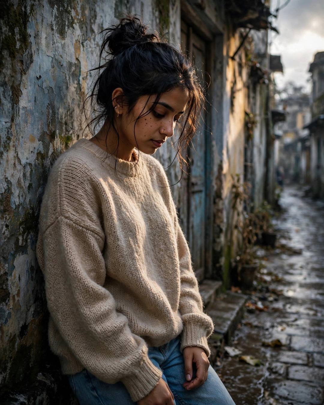 Sitting at a bus stop long after — cinematic AI portrait, lonely girl mood