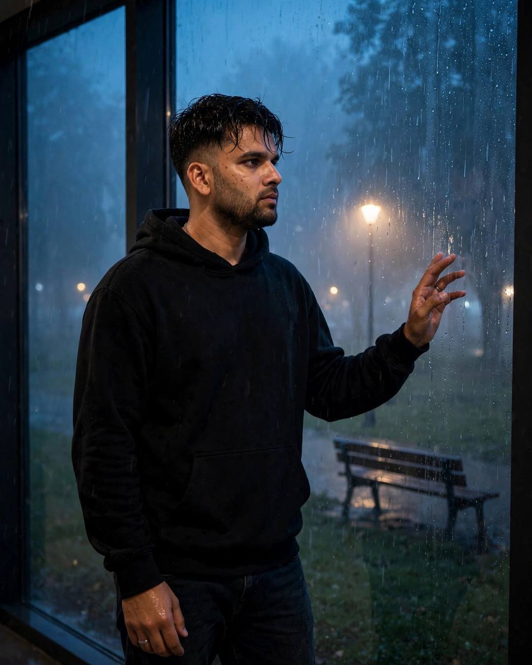 A sudden monsoon shower reminding him of — cinematic AI portrait, lost love mood