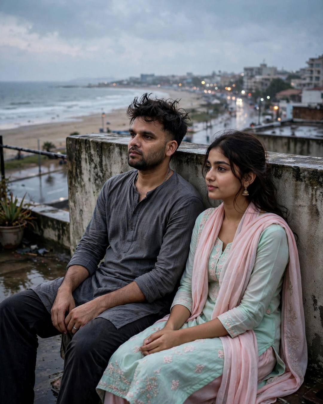 Young Indian couple in grey kurta and pastel salwar sitting on a rooftop terrace overlooking a rain-washed beach and city at dusk