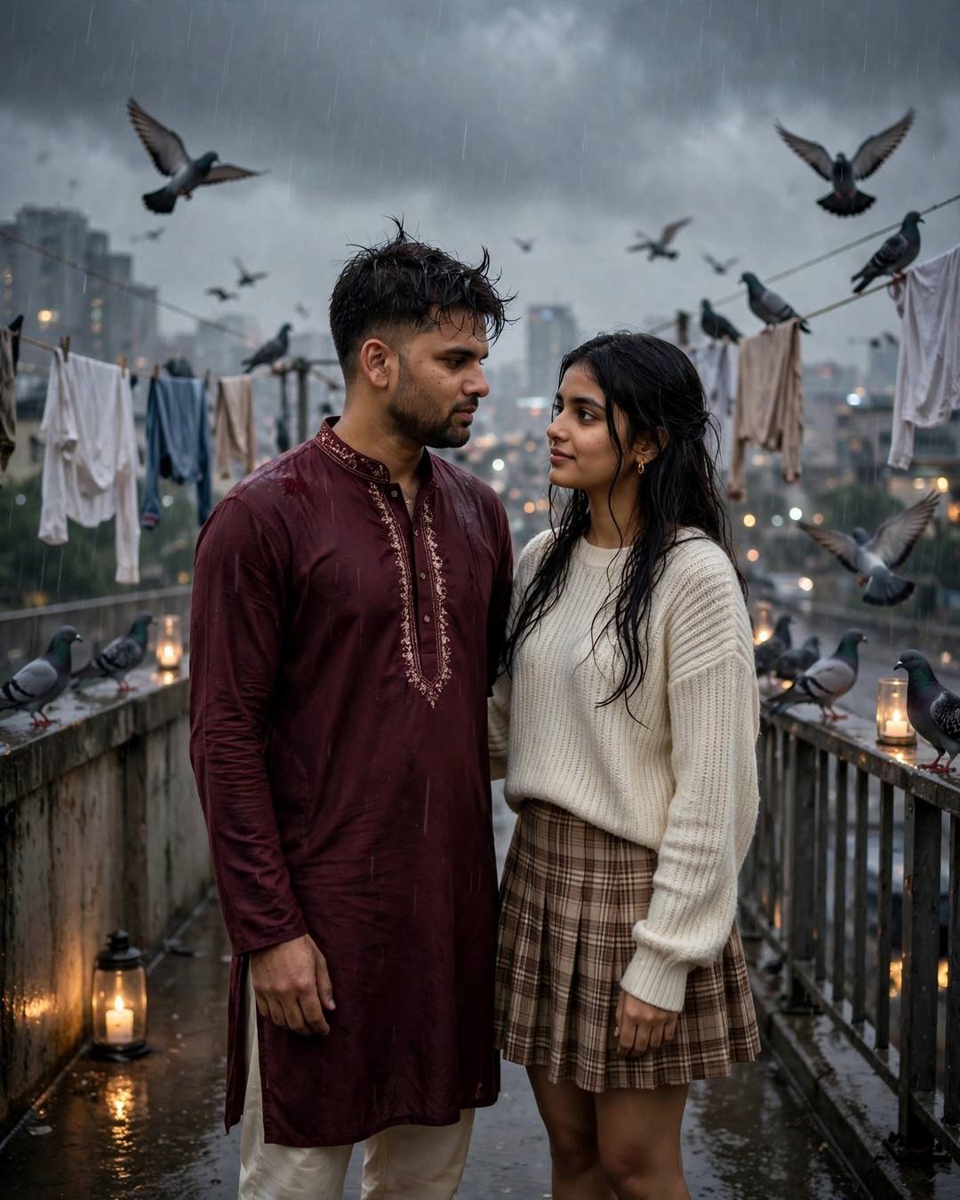 Couple in maroon kurta and cream knit top standing on a rain-wet terrace with pigeons, drying clothes and candle lanterns