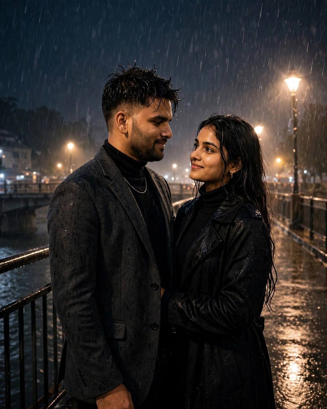 Couple dancing slowly in heavy rain on an empty street under warm sodium streetlamps at midnight