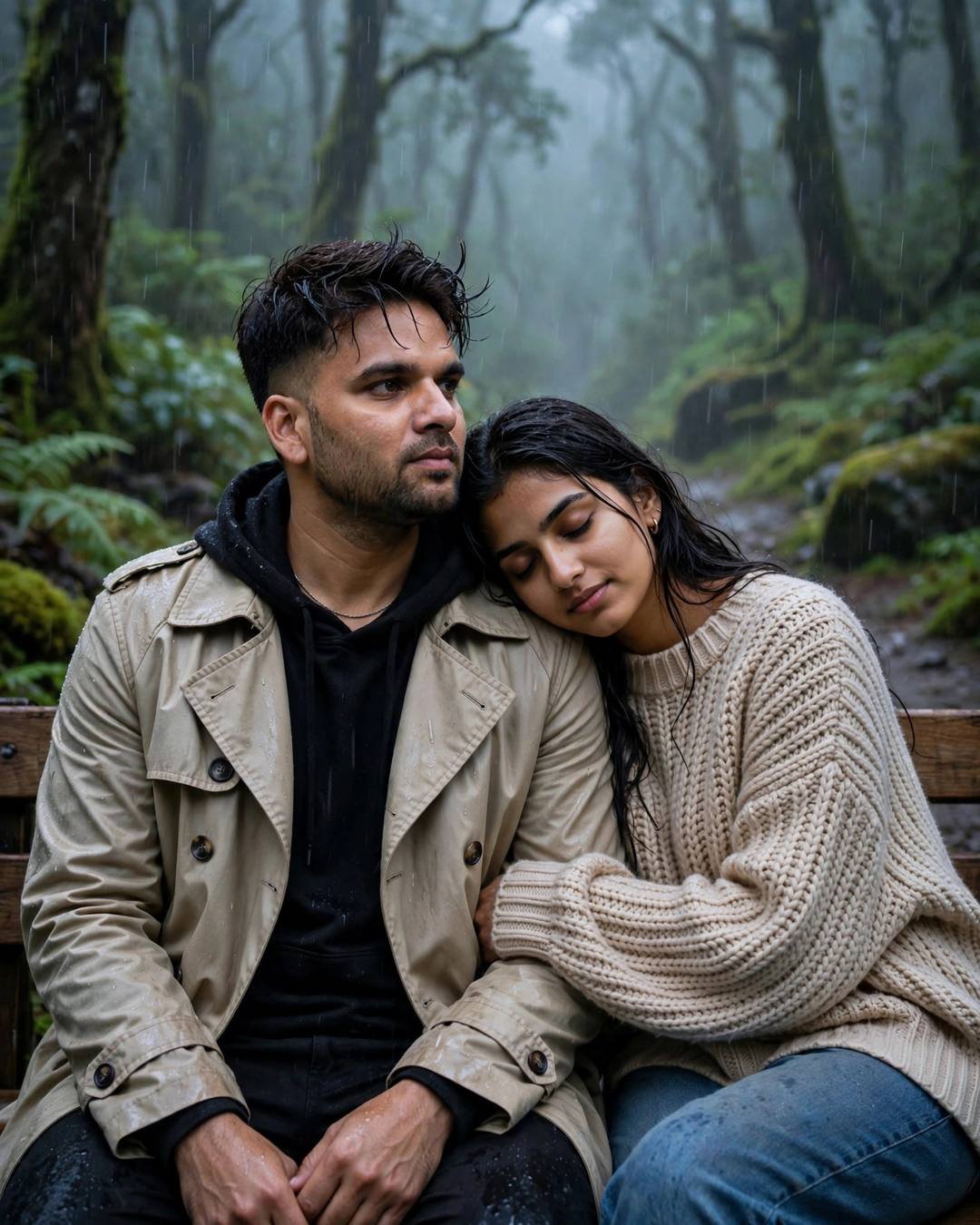 Couple sitting close on a misty forest bench, her head on his shoulder, wearing beige trench coat and beige sweater
